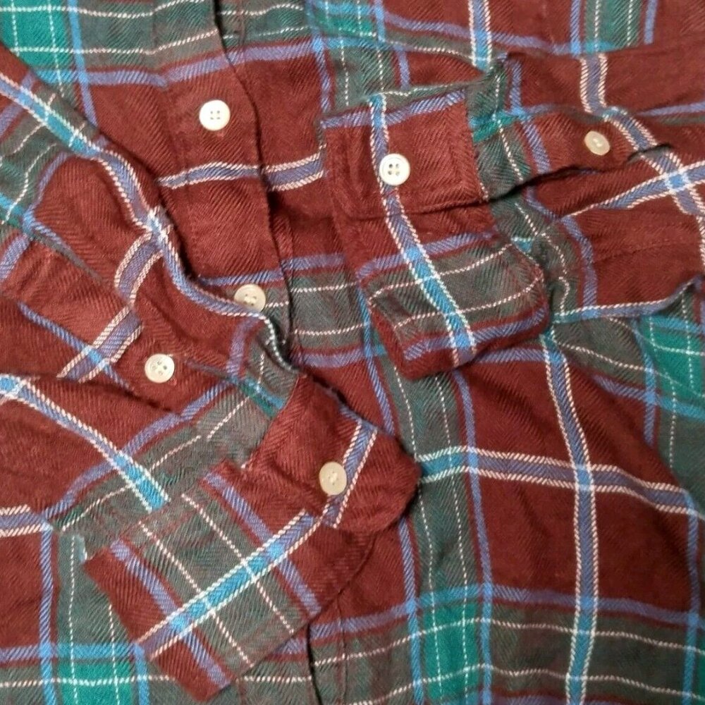 LL Bean Signature Flannel Shirt Women Medium Rayon Maroon Blue Plaid Long Sleeve - Picture 9 of 9